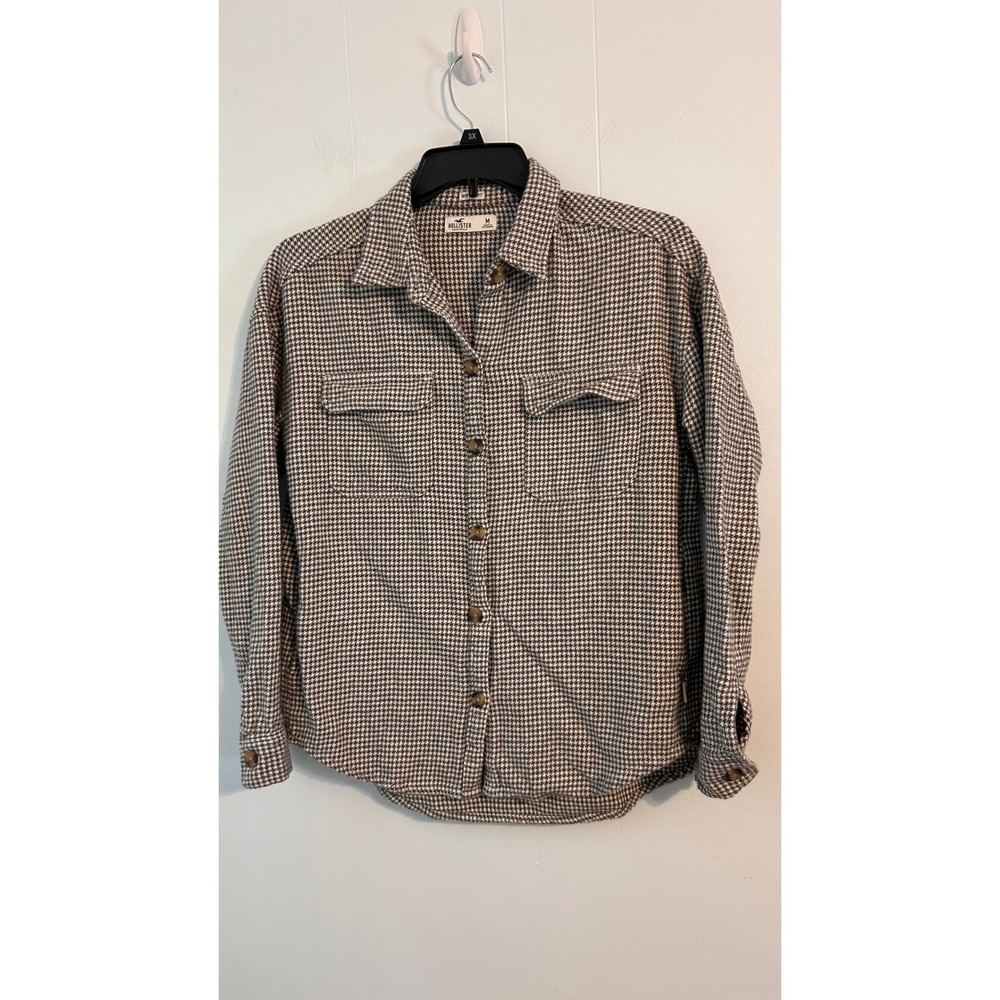 Hollister Womens Grey Houndstooth Boyfriend Fit Flannel Button Down Shirt M